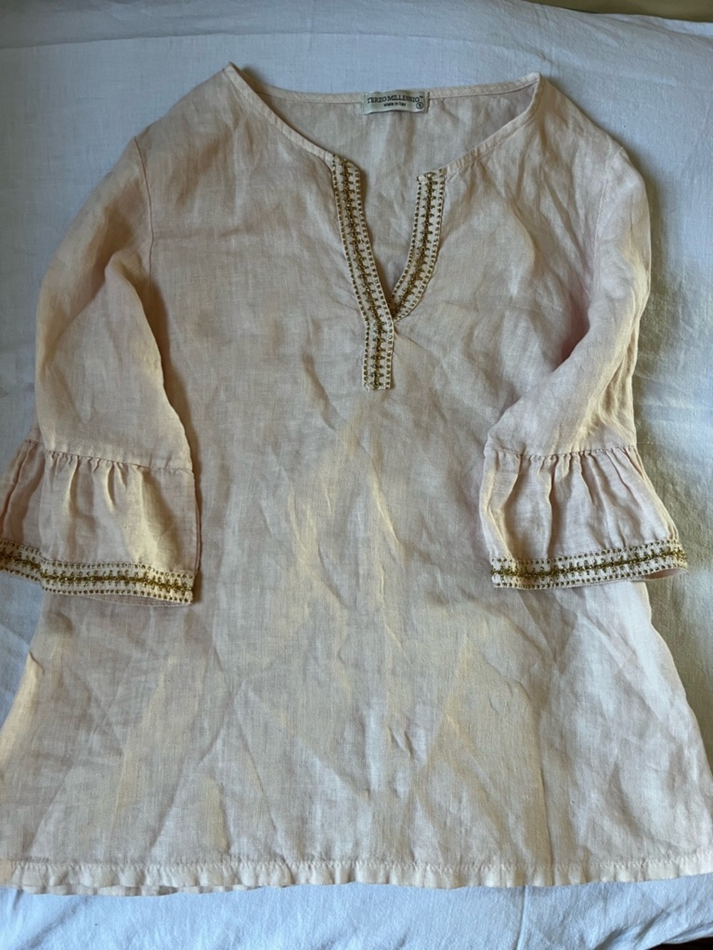 Terzo Millennio Beautiful Linen Tunic – Soft Pink with Gold Trim